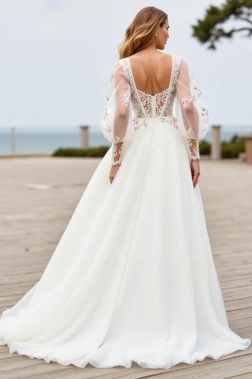 Floral Ivory A Line Long Wedding Dress with Appliques